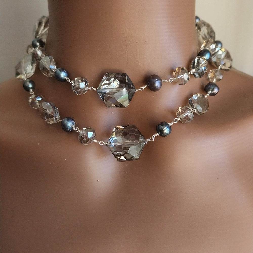 Silver and Black Freshwater Pearl Beaded Necklace